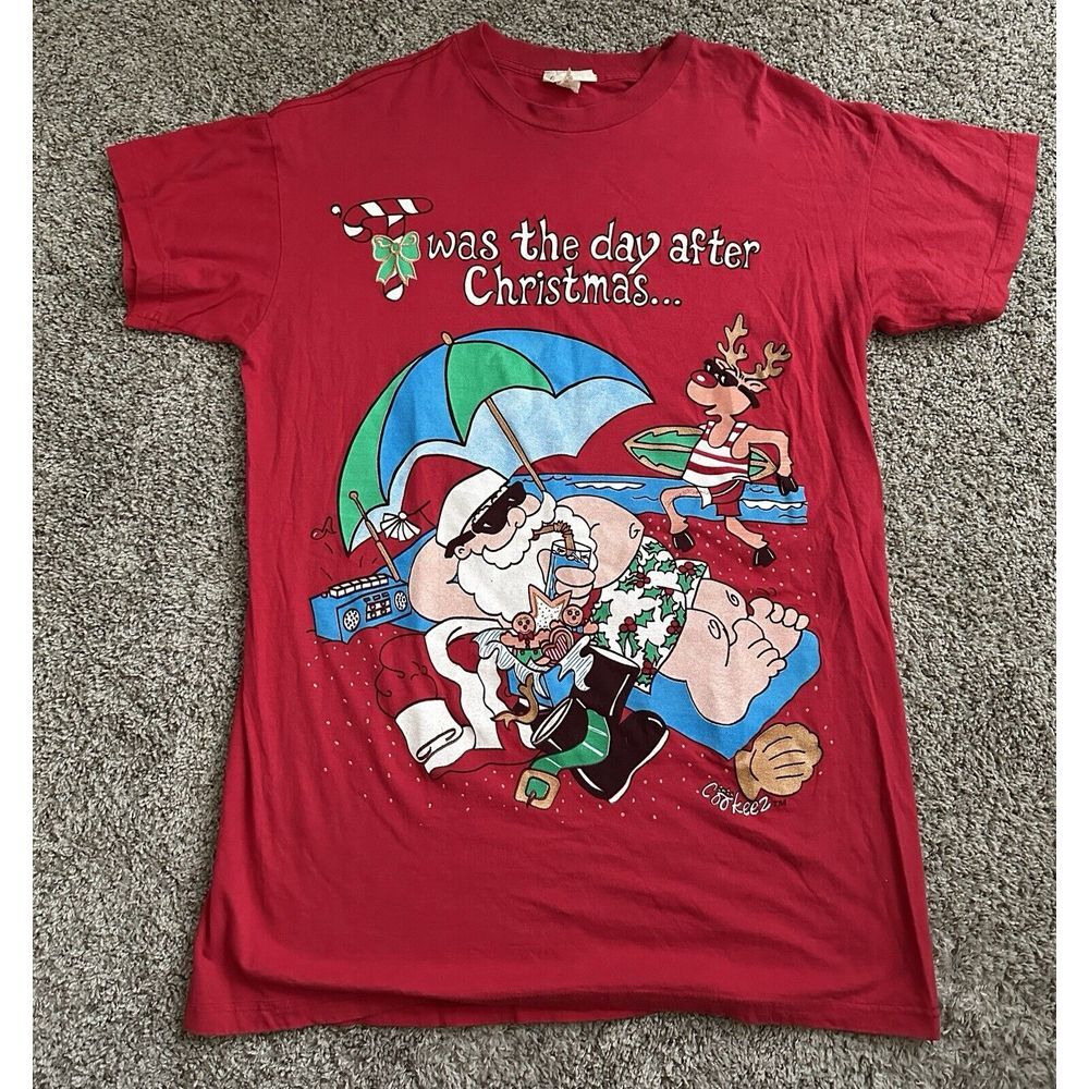 Vintage 90's Santa Sleep Shirt T'was The Day After Christmas Red XL Beach Santa